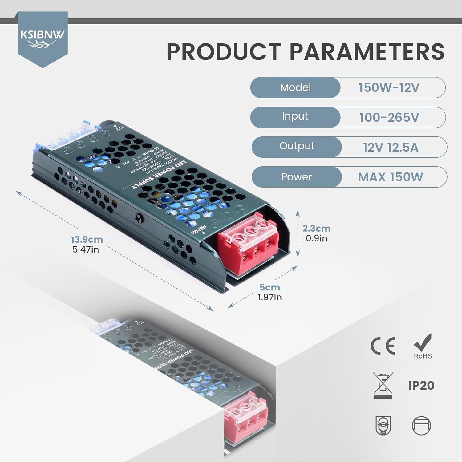 Thumbnail 1 de KSIBNW 12V Trasformatore LED 150W Alimentatore – Driver Slim da 12V 12,5A, 5x2,3x13,9 cm, non dimmerabile
