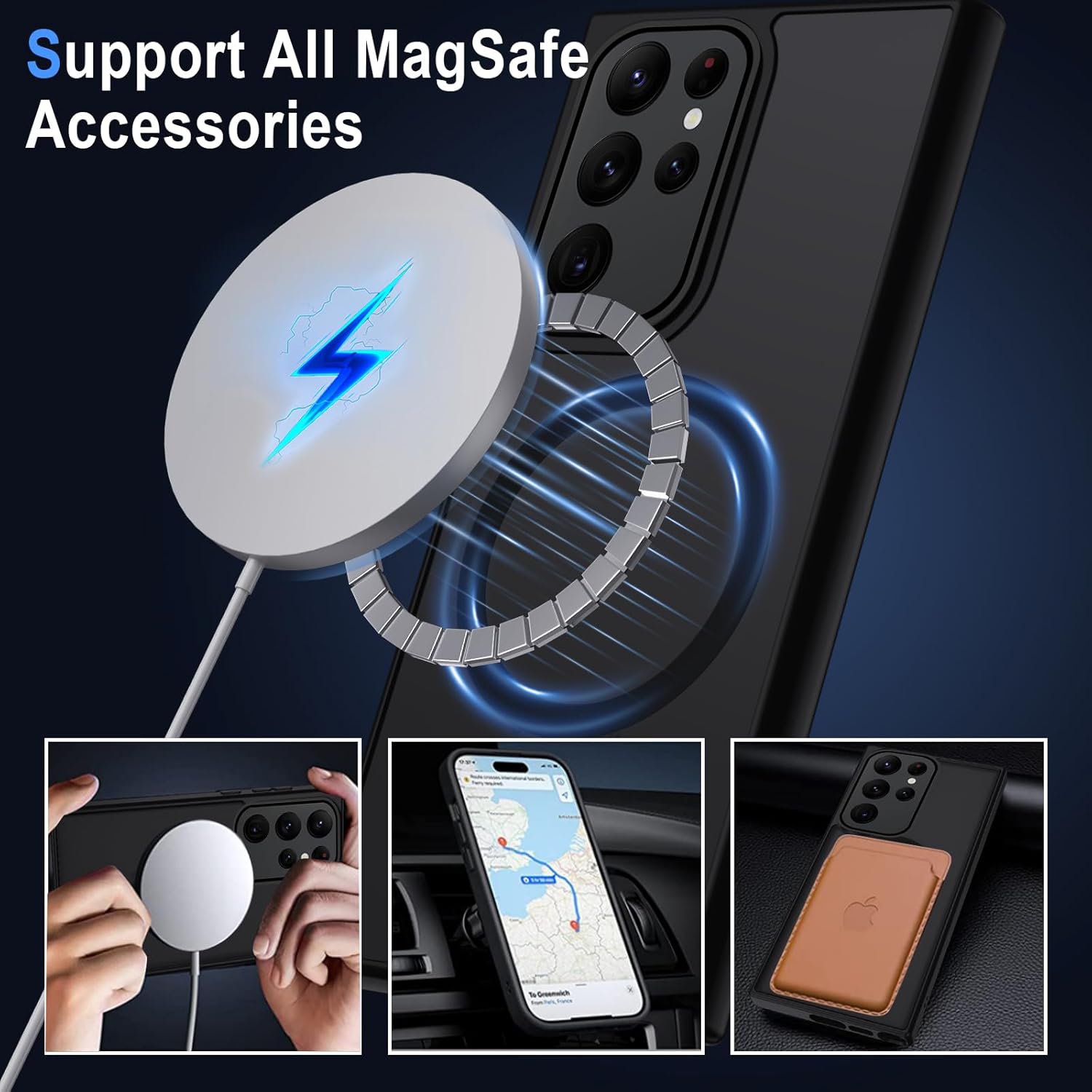 Thumbnail 1 de XTCASE Coque magnétique pour Samsung Galaxy S23 Ultra 5G – Dos translucide noir, cadre TPU et bord métal