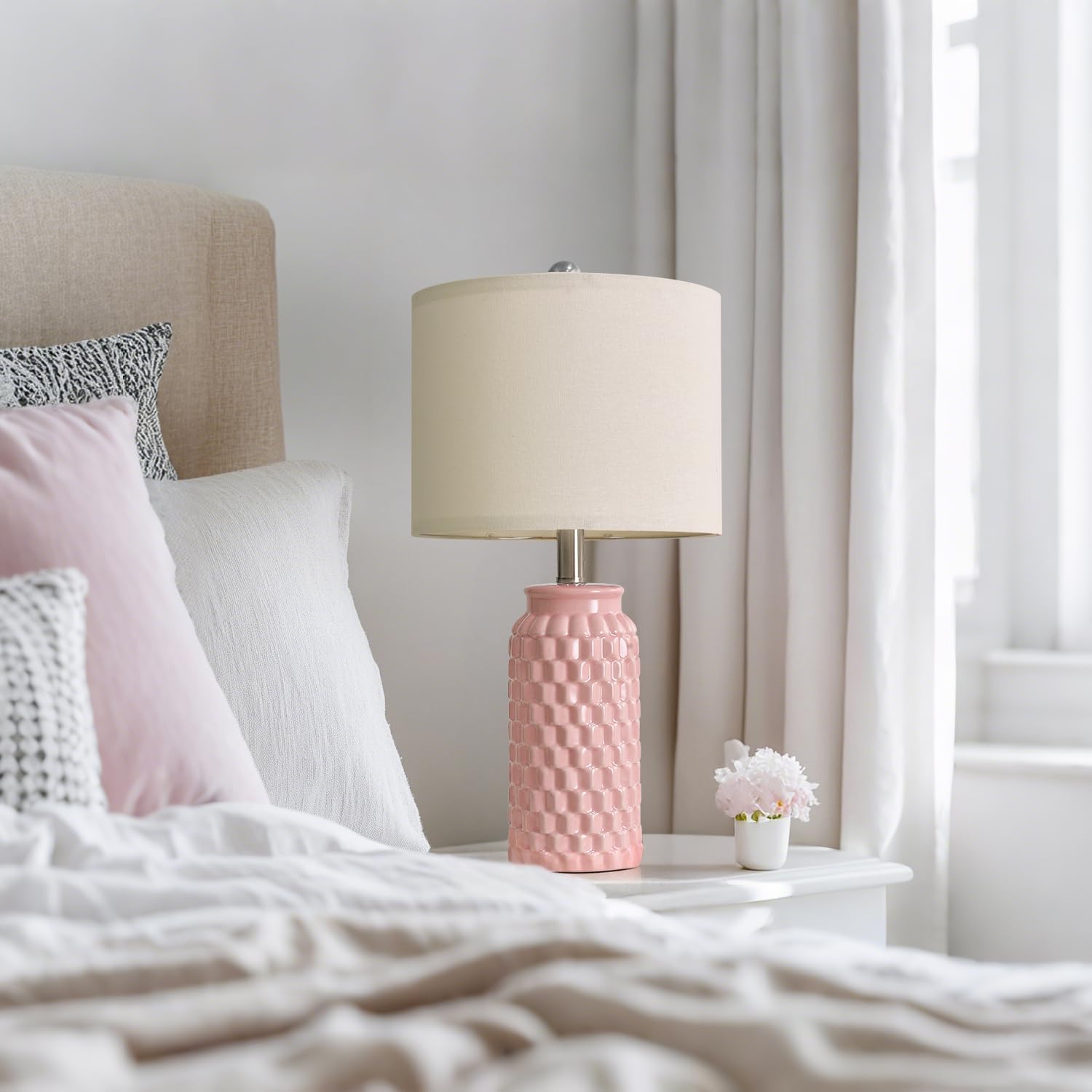 Detalle 2 de USumkky 1092 Pink Ceramic Table Lamps, Set of 2, 20.5-Inch with Linen Shades