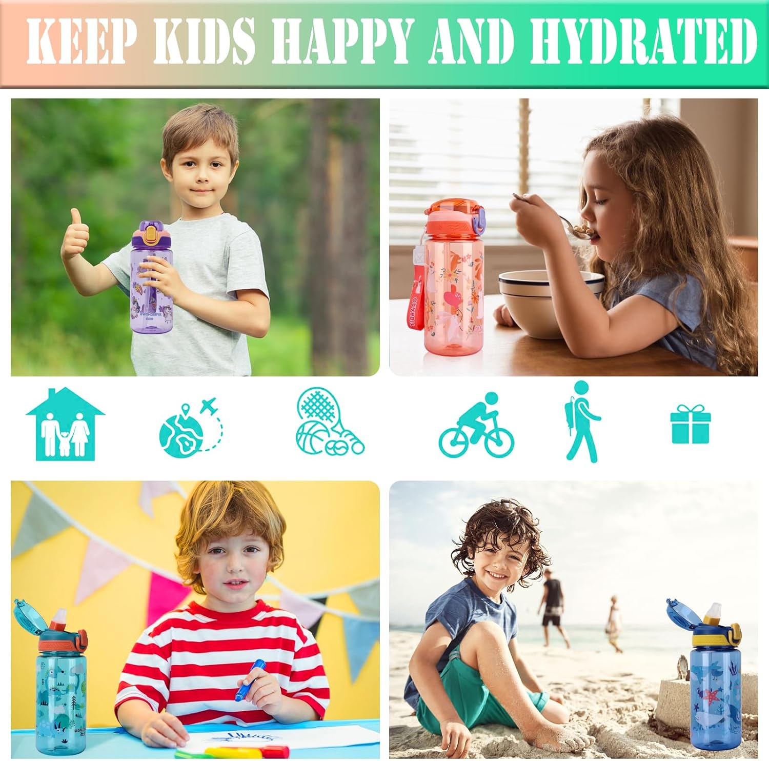 Thumbnail 6 de SENBSLAN Kids Water Bottles With Straw (600ml) – Leakproof BPA-free flip-top drink bottle for school (Blue-Whale)