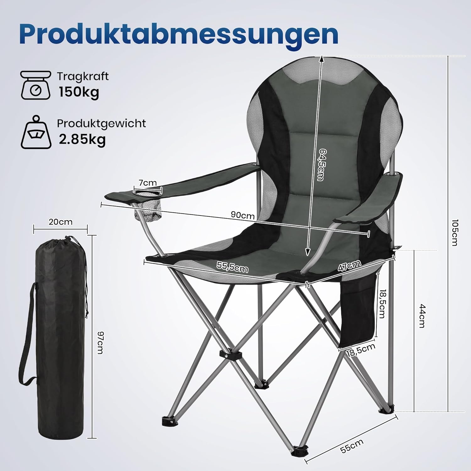 Detalle de ROPODA Campingstuhl Faltbar – Hochlehner, Armlehnen, Getränkehalter, Seitentasche, 150 kg Tragkraft, Grau