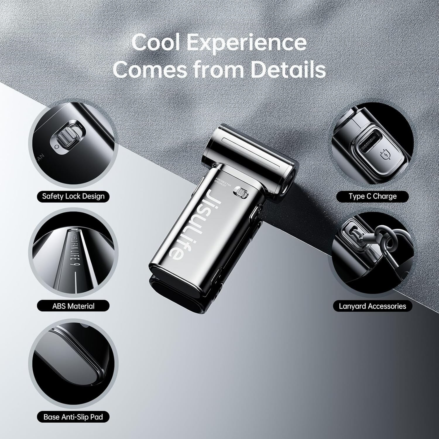 Detalle 2 de JISULIFE Life9 Portable Handheld Fan — Turbo Power Mini Personal Fan for Travel (Chrome)