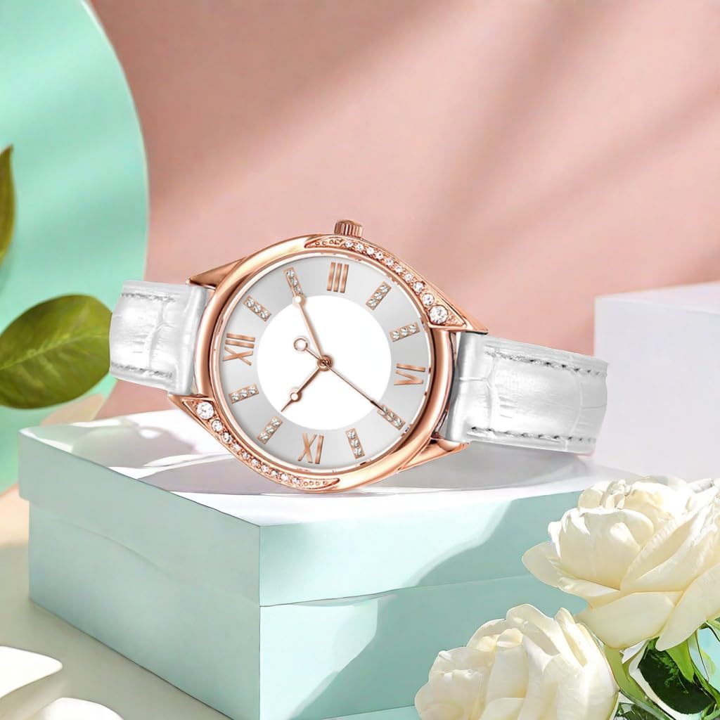 Detalle de Comtex Modische Damen-Armbanduhr Analog Quarz Weiß Zifferblatt – Roségold Gehäuse und Diamanten