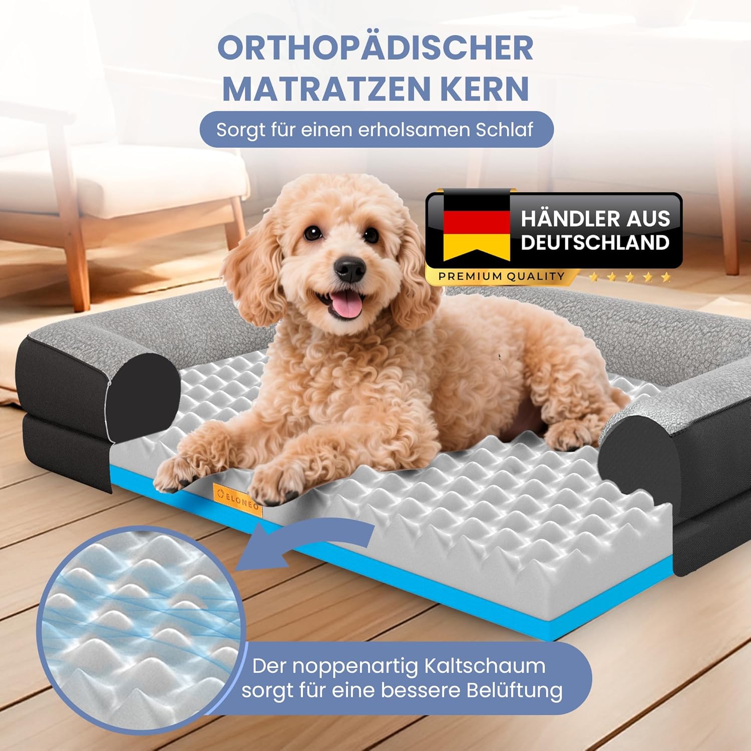 Detalle de ELONEO orthopädisches Hundebett klein 76x51x17 cm – Memory Foam, wasserdicht, waschbar, schwarz