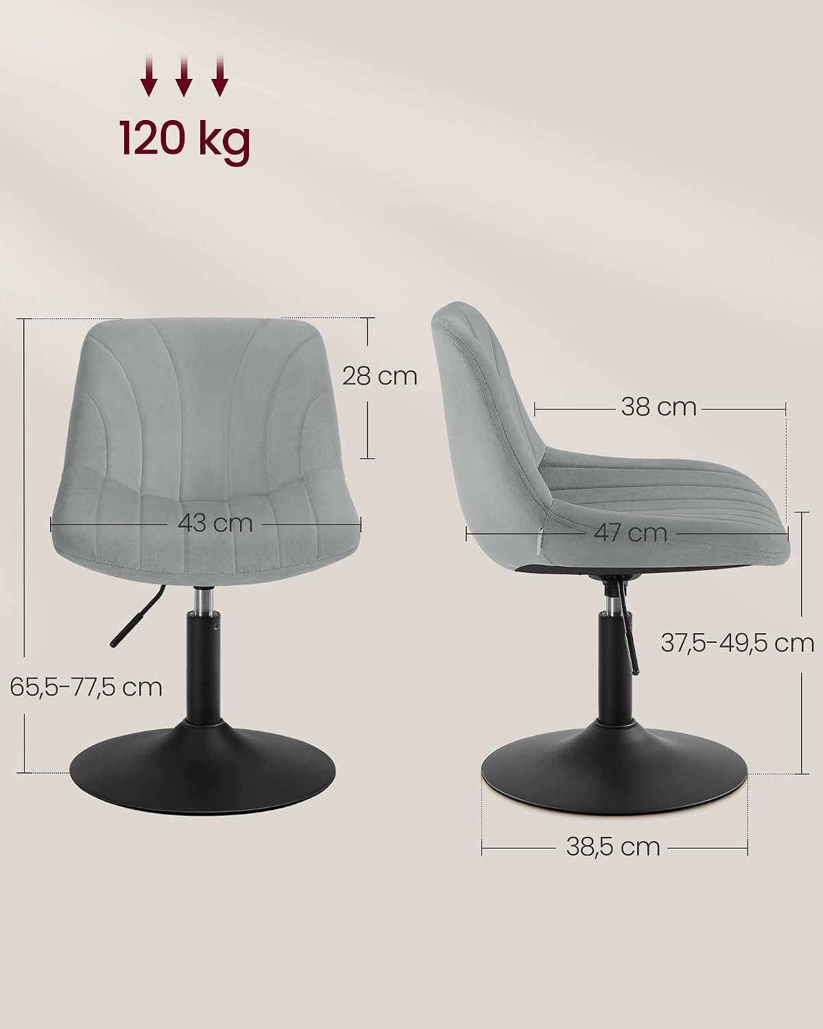 Detalle de VASAGLE Dressing Table Chair: Dove Grey Velvet Swivel Stool