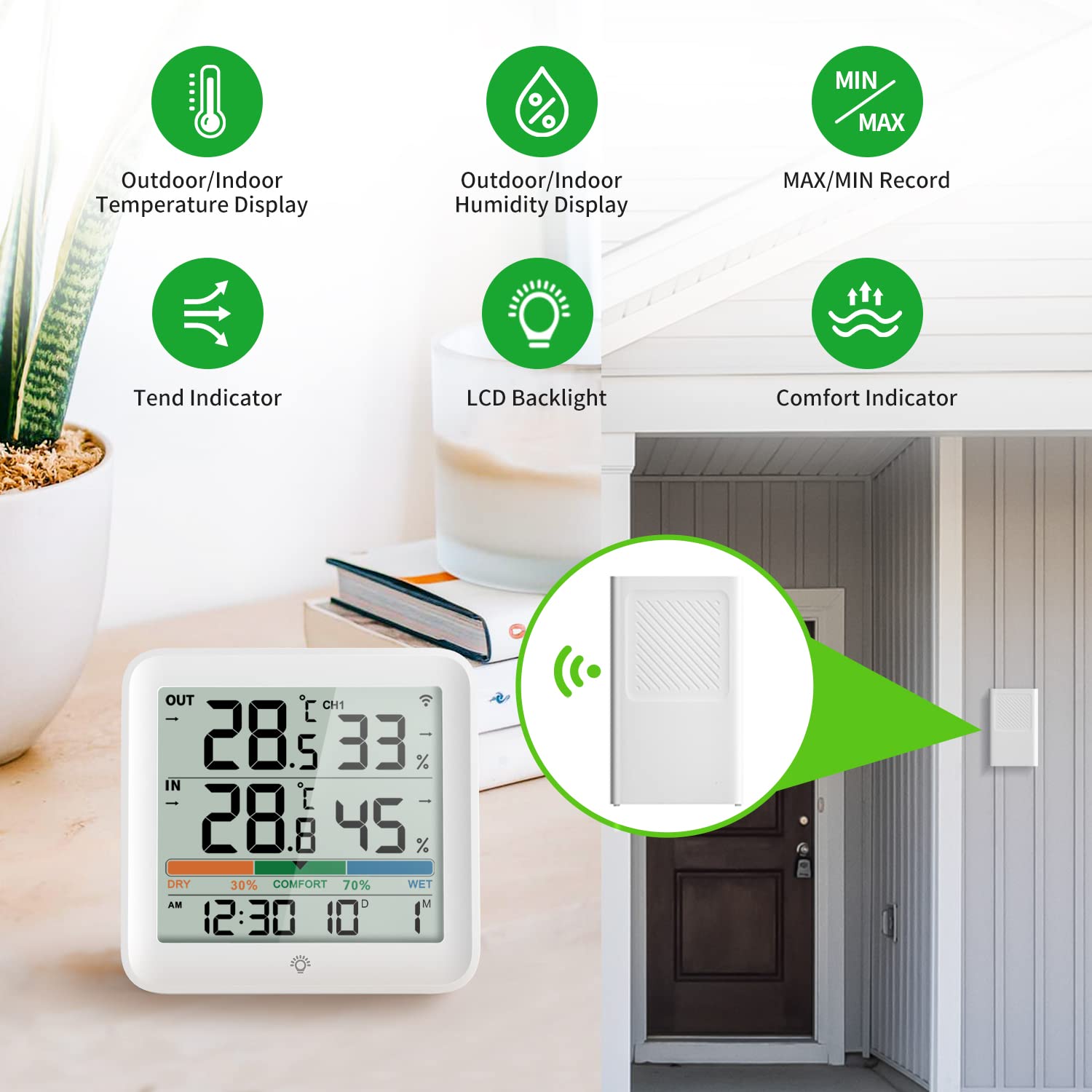 Detalle de VOCOO Termoigrometro wireless digitale per interno ed esterno con 1 sensore remoto, retroilluminazione e sensore IP43