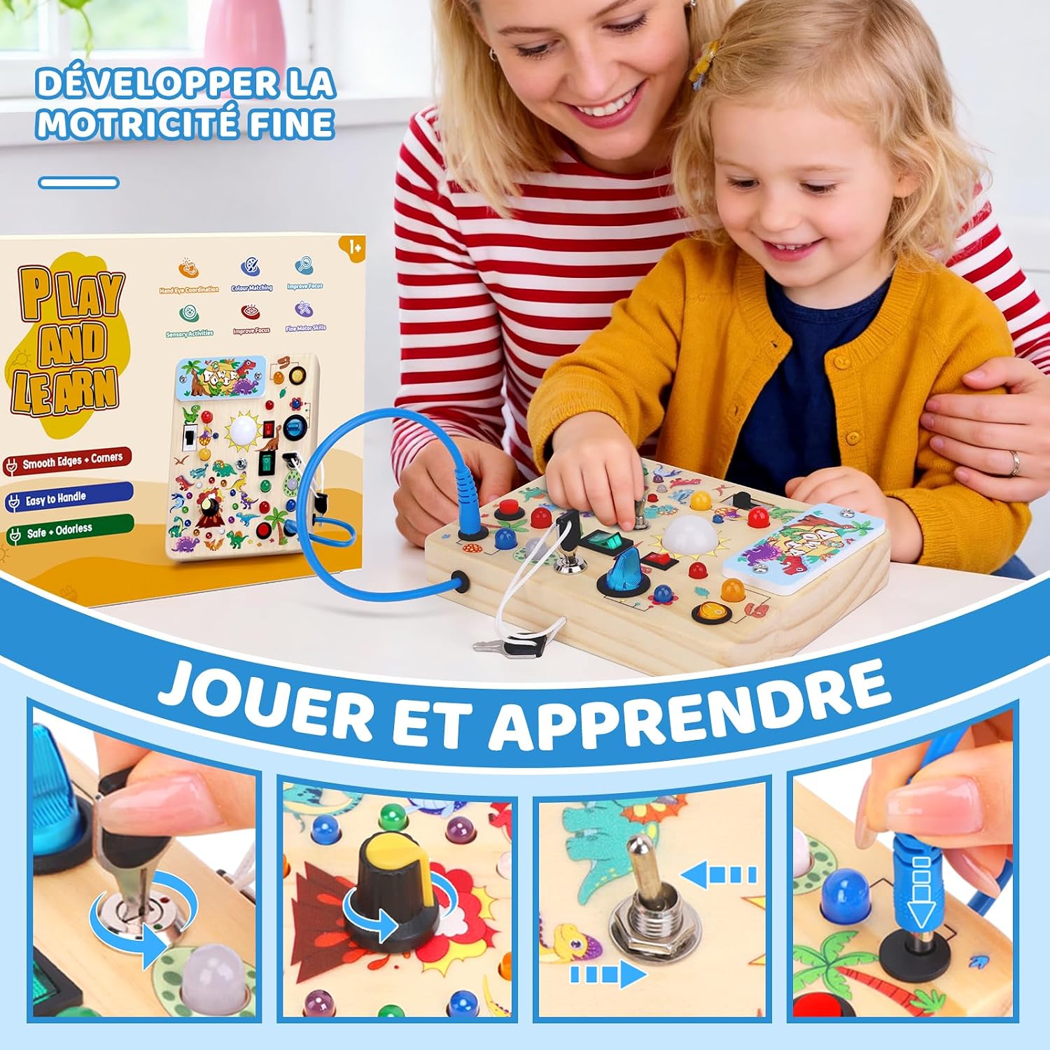 Detalle de Konijiwa Tableau d'activités Montessori Dinosaure: Jouet en bois avec 10 interrupteurs et 23 LED pour 1–3 ans