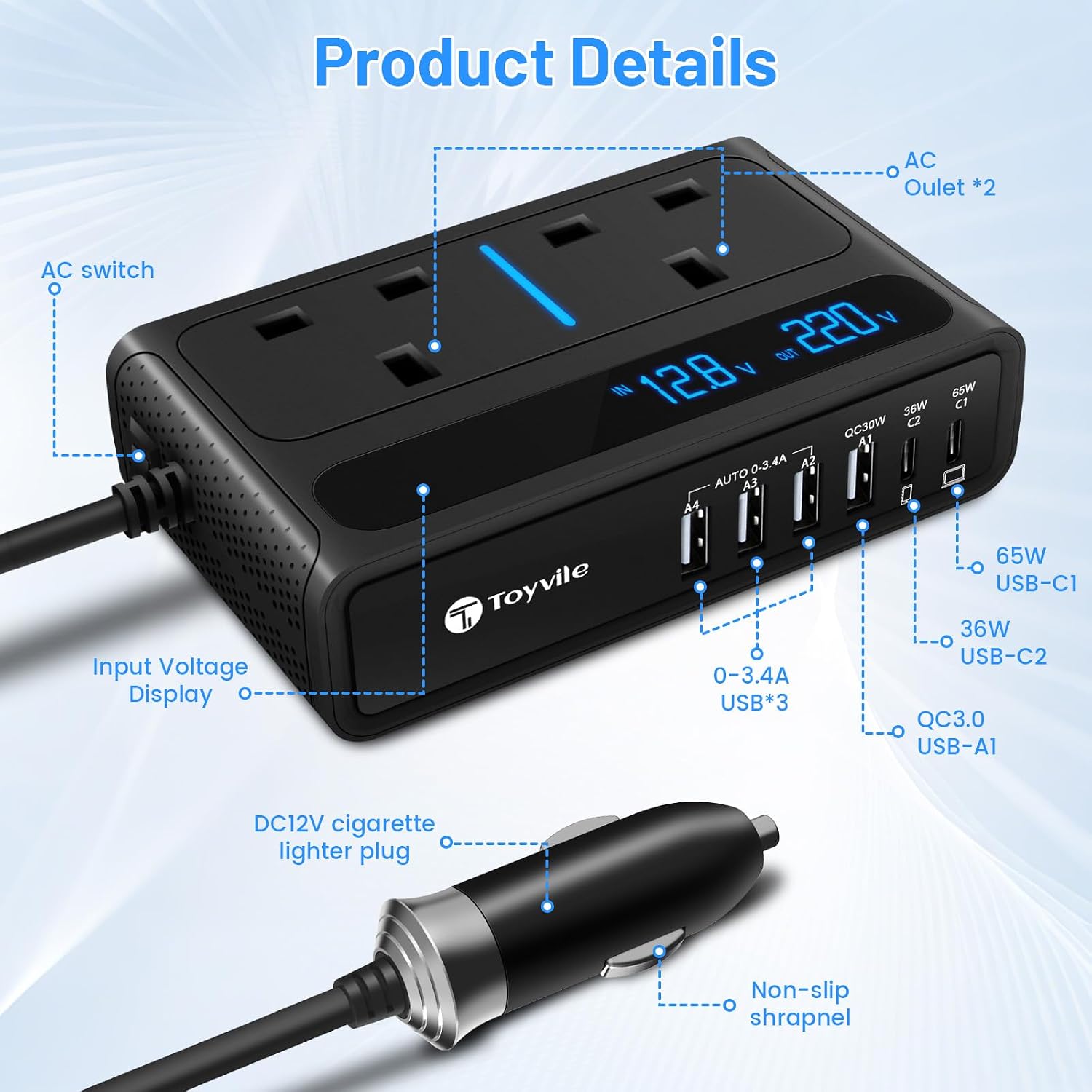 Detalle 2 de 8 in 1 200W Car Power Inverter (12V to 240V/230V) with 2 AC Sockets, 4 USB & 2 Type-C