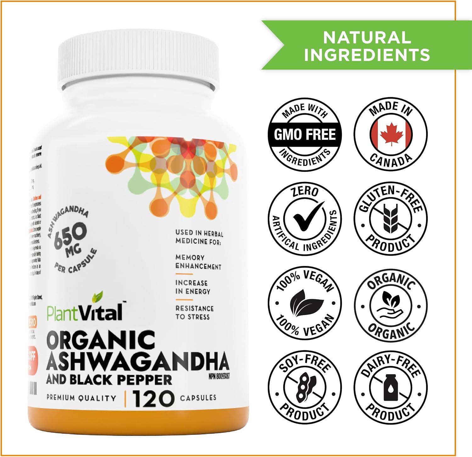 Detalle de PlantVital Organic Ashwagandha Capsules, 2,600 mg with Black Pepper, 120 Count