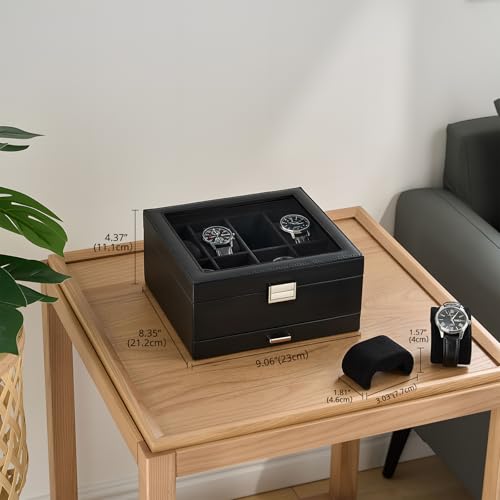 Detalle de ProCase caja para 8 relojes de doble nivel con tapa de cristal, negra