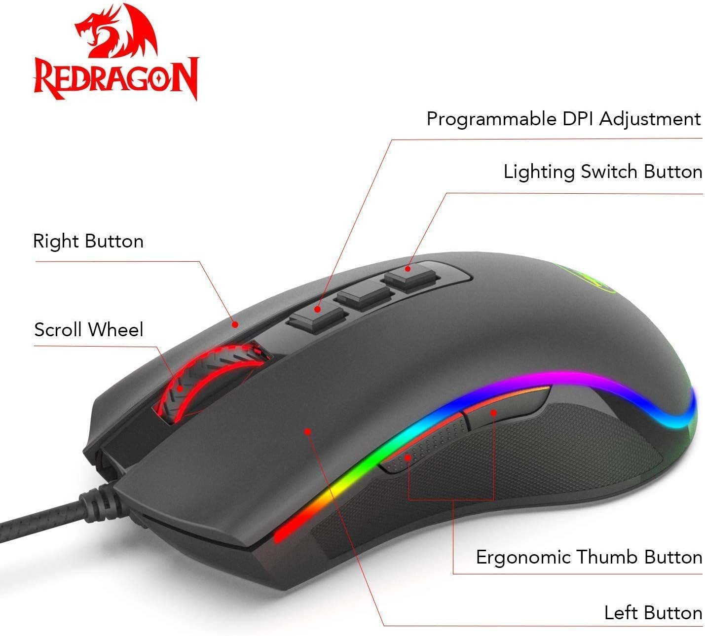 Detalle 2 de Redragon M711 wired gaming mouse with 10,000 DPI and customisable RGB lighting