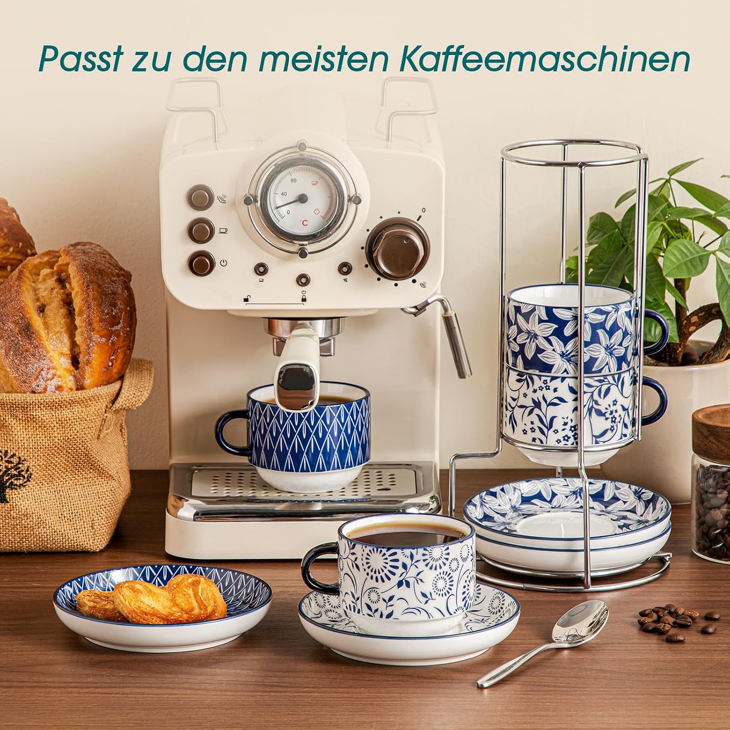 Detalle de Vancasso SELENE 4-tlg. Espressotassen Set – 270 ml, blau-weißes Blumenmuster mit Ständer und stapelbarem Design