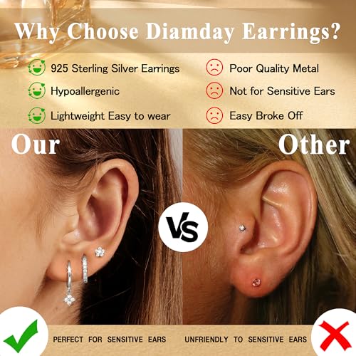 Detalle de Diamday 3 Pairs Sterling Silver Earrings for Women – Stud and Hoop Set