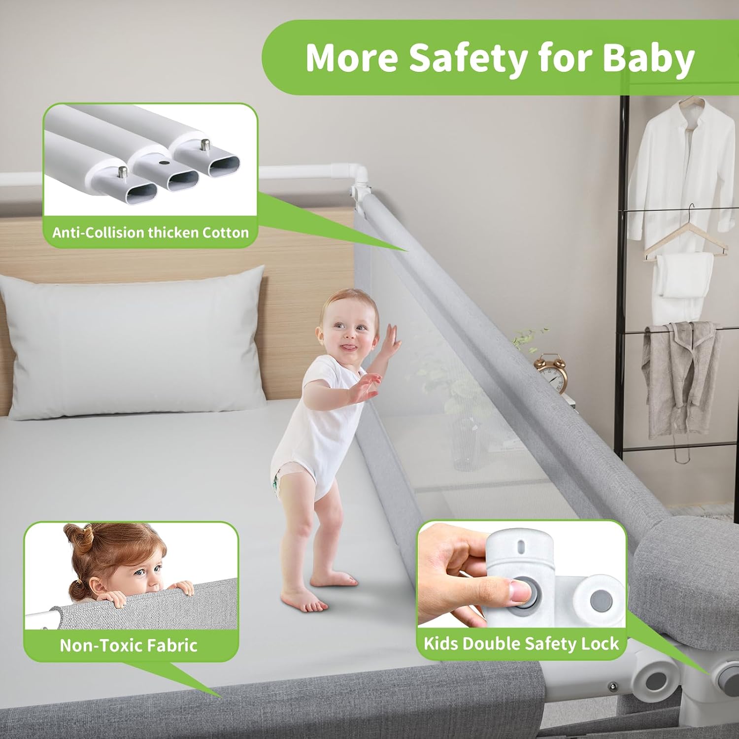 Thumbnail 4 de Novalithic 3-Piece Queen Size Bed Rail for Toddlers: Adjustable, Safe, and Easy Access