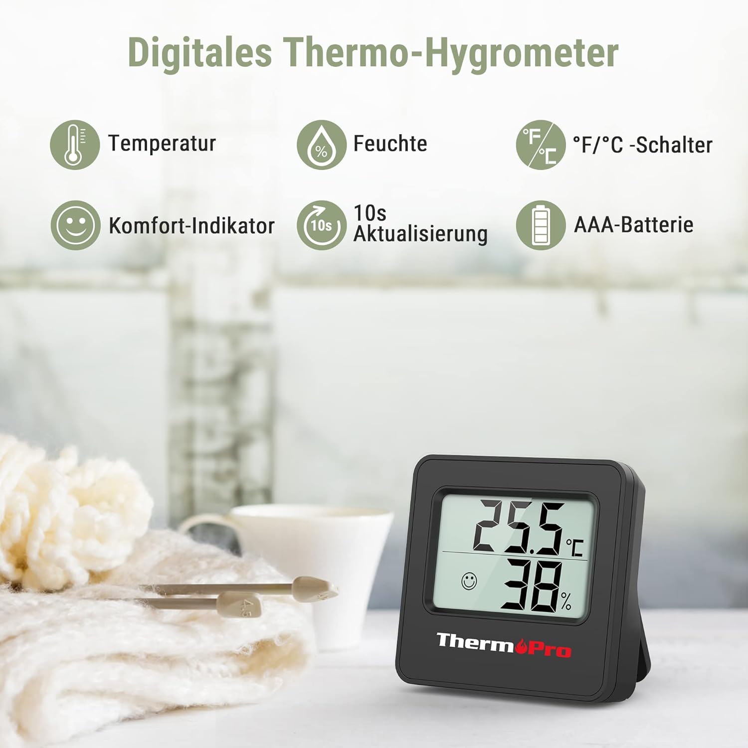 Detalle de ThermoPro Mini Hygrometer & Thermometer Innen 3er-Set (schwarz) – Temperatur- und Luftfeuchte-Messer mit Smiley-Indikator