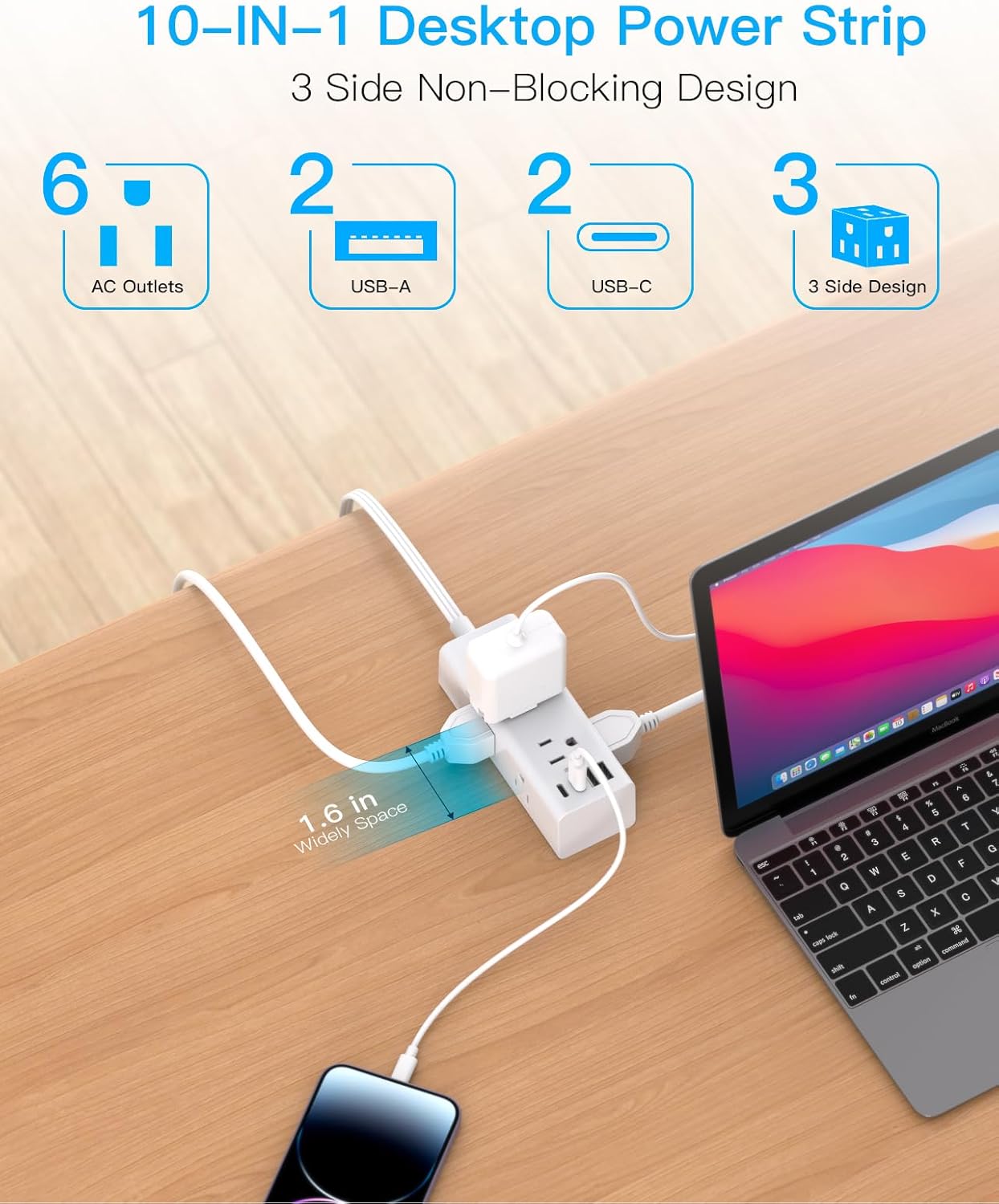 Thumbnail 2 de One Beat 10 ft Power Strip 6-Outlet with USB 🔌