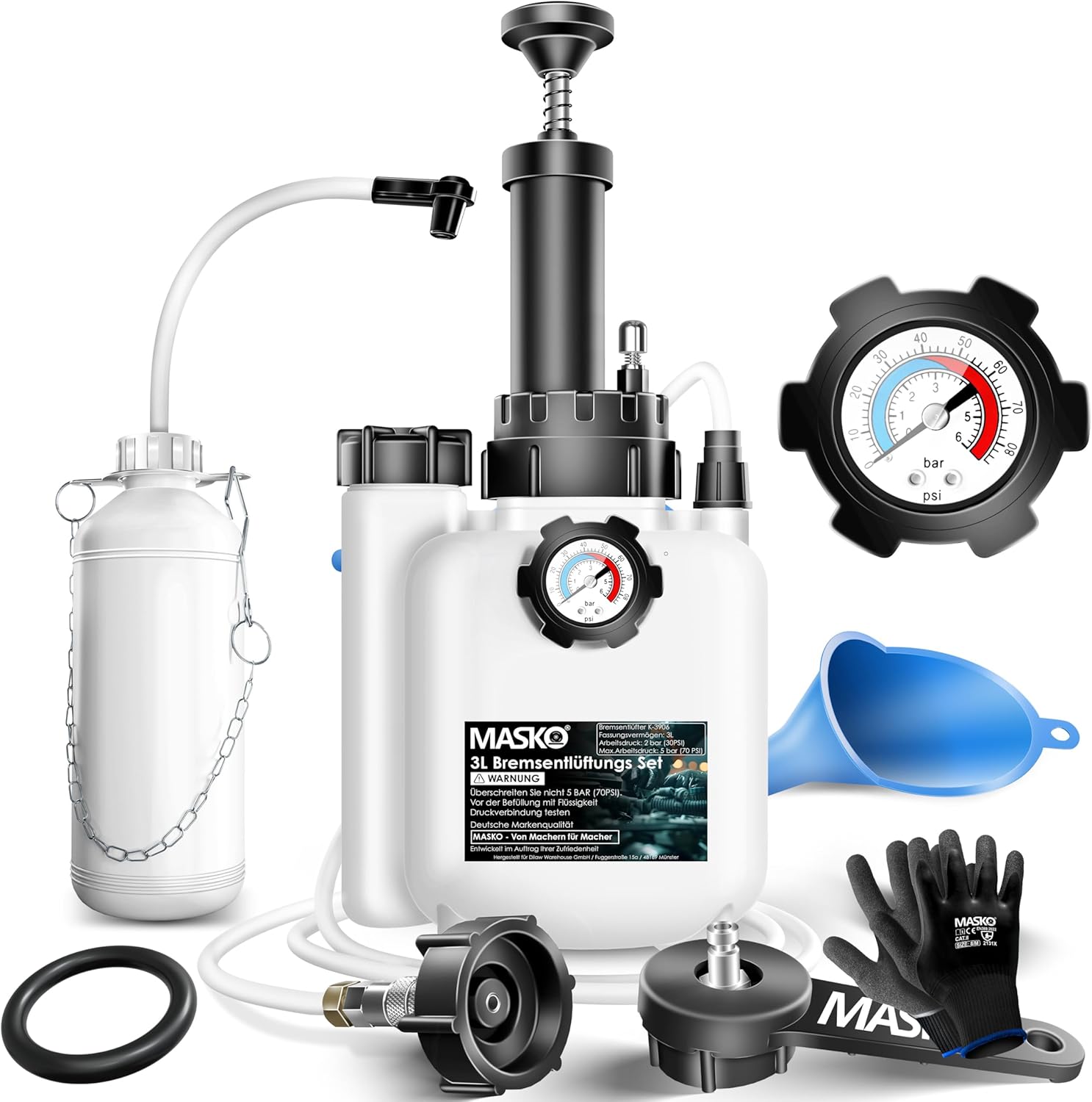MASKO® Bremsenentlüftungsgerät Auto – Bremsflüssigkeits-Wechsel Set mit Handpumpe, 3L + 1L Absaugbehälter, für Scheiben- und Trommelbremsen