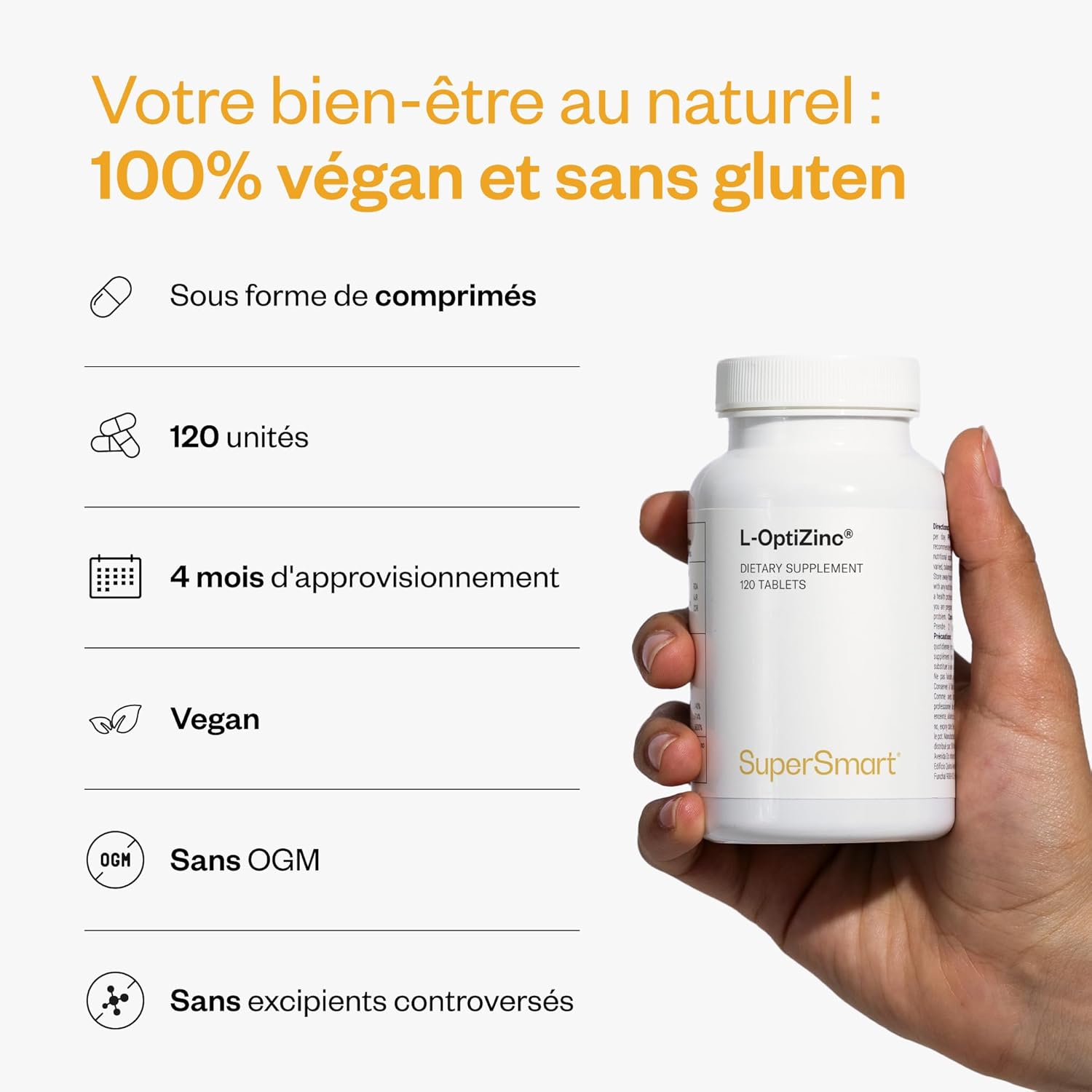 Thumbnail 4 de L-OptiZinc Supersmart, zinc bisglycinate chélaté (30 mg de zinc élémentaire) pour peau et os