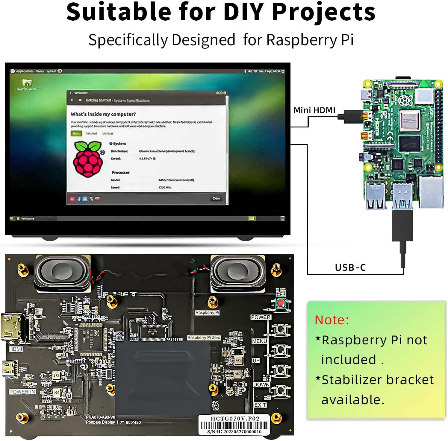 Detalle de HAMTYSAN 7-Zoll Raspberry Pi Bildschirm HDMI Monitor – 800×480 LCD mit Dual-Lautsprechern (Non-Touch)