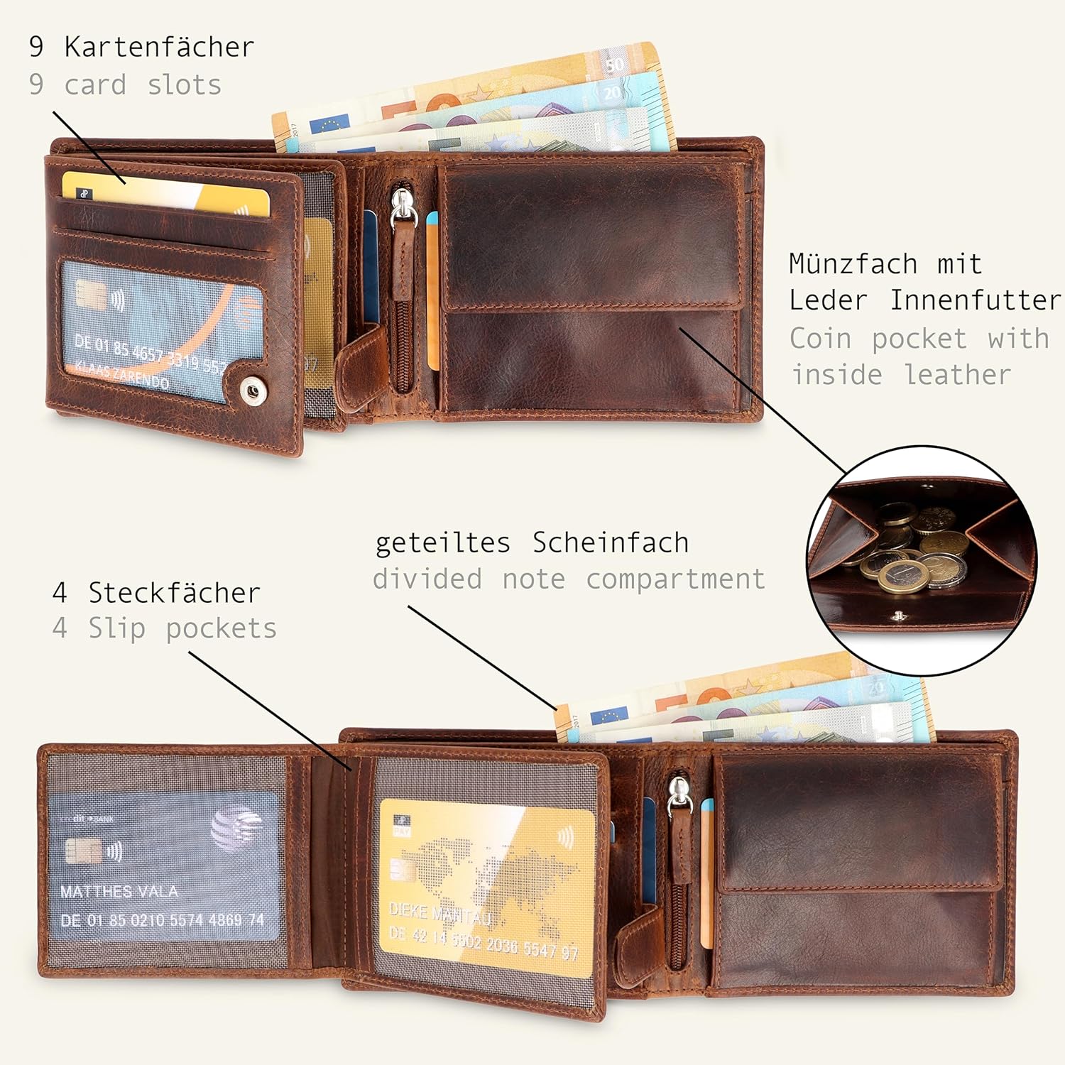 Detalle 2 de LEDEROW Geldbörse Herren Bull Braun – RFID-Schutz, Querformat, Münzfach, Geschenkbox
