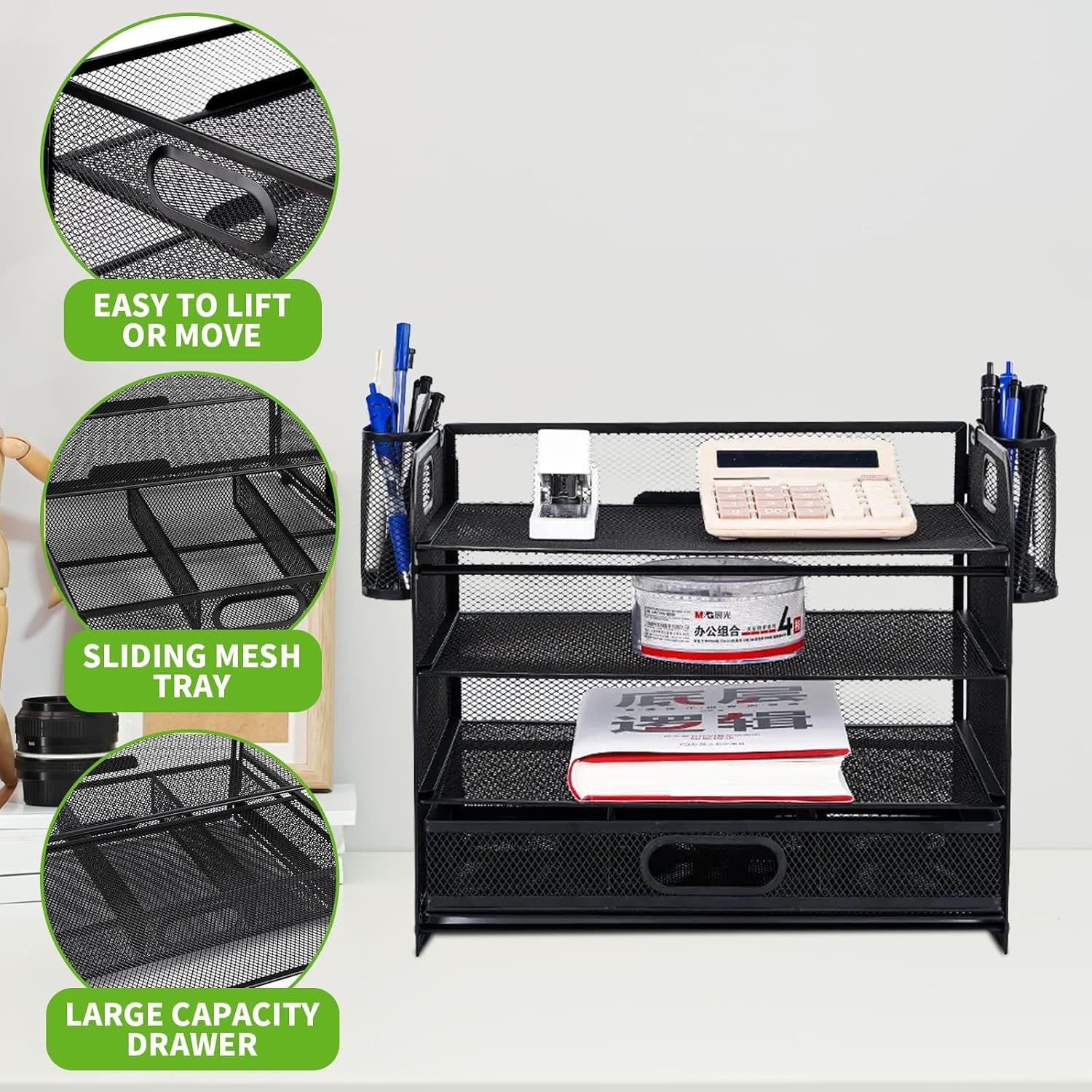Detalle de Mesh Letter Tray Organiser 4-Layer with 2 Pen Holders and 1 Drawer