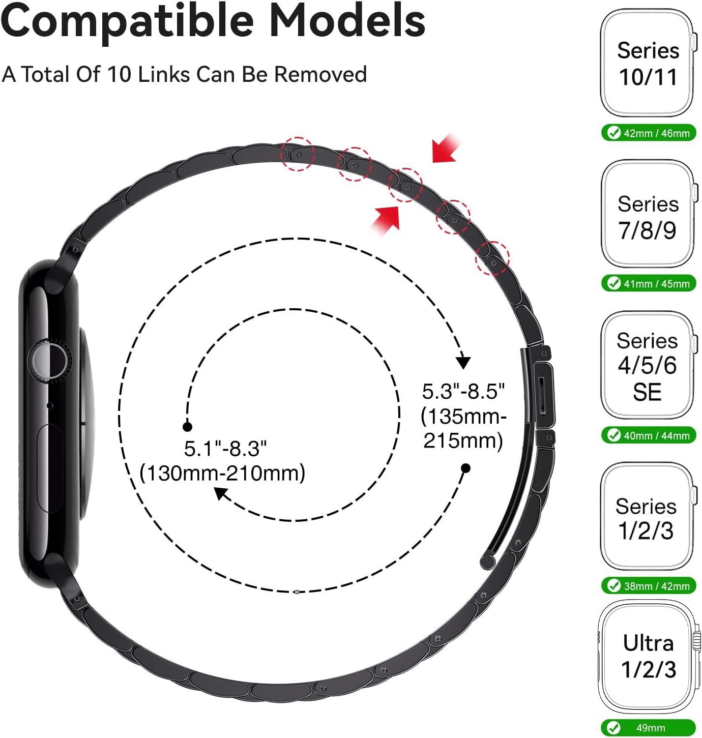 Detalle de QAZNZ Stainless Steel Link Band for Apple Watch (38–42mm) – 42mm Series 10/11 Compatible, Black