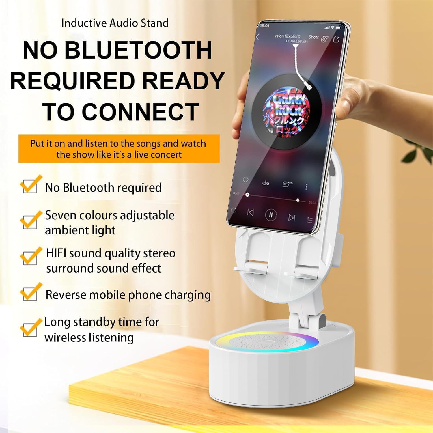 Detalle de AKLLCCR Wireless Induction Audio Bluetooth Speaker 5in1 Stand with 3000mAh Battery