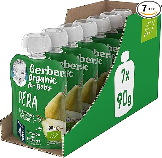 Detalle de GERBER Organic Pera, Bolsitas de Puré para Bebés 7x90g 🍐