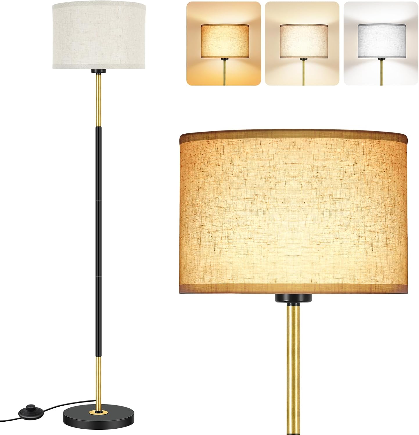 Detalle de OUTON vloerlamp, dimbaar, met linnen kap en 3 kleurtemperaturen
