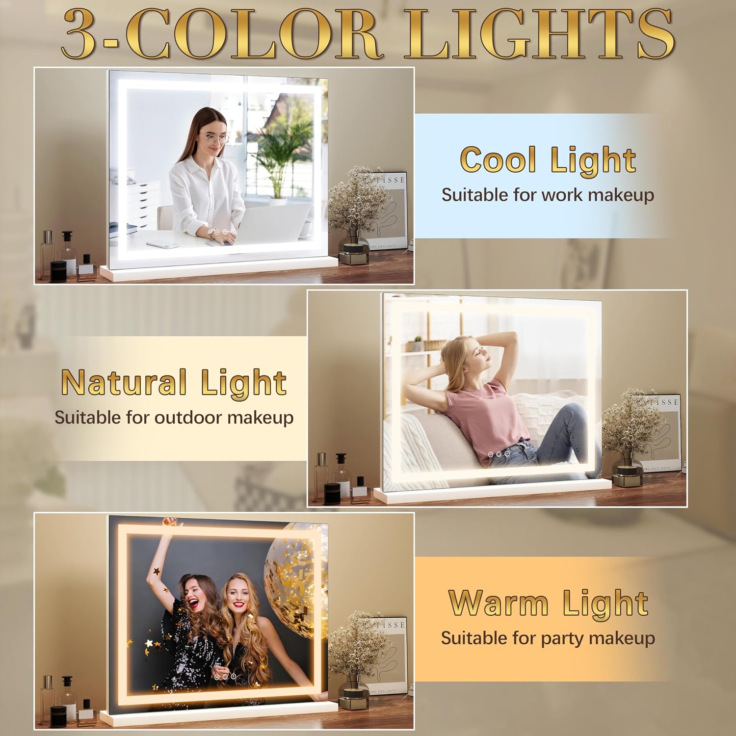 Thumbnail 3 de ROLOVE 23x18 Inch Lighted Vanity Mirror with 3-Color Dimmable LED & Touch Controls