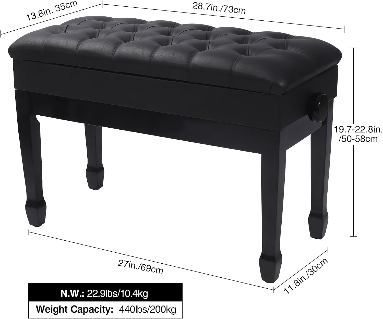 Detalle de ALAPUR 50528 Adjustable Duet Piano Bench with Storage, Black PU Leather