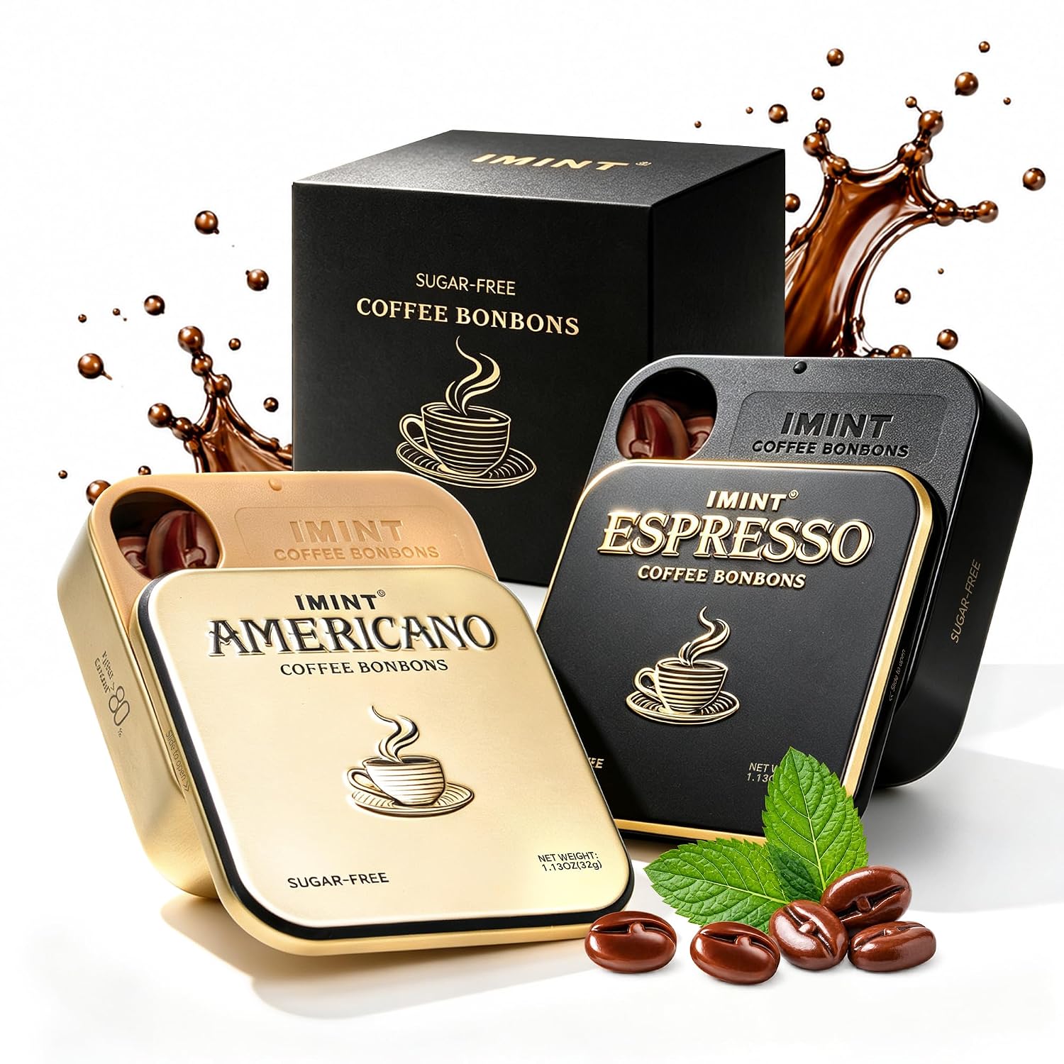 Detalle de I'MINT Sugar-Free Coffee Candy Duo, Espresso & Americano, Xylitol Iron Tins