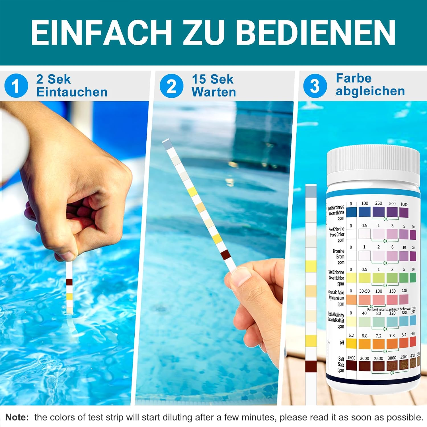 Thumbnail 3 de AKSBTEC 8-in-1 Pool-Teststreifen – Salzgehalt, pH, Chlor & mehr (100 Stück)