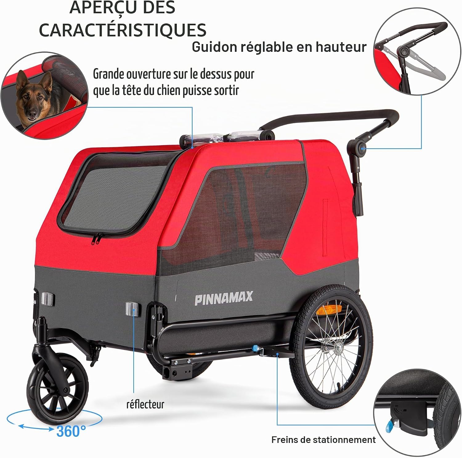 Detalle de Remorque pour Chien PINNAMAX pour vélo – 2-en-1, supporte jusqu’à 45 kg