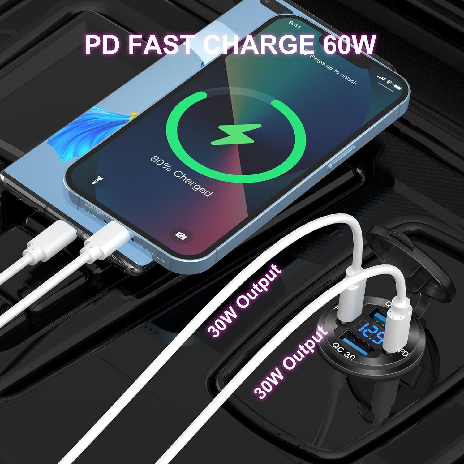 Detalle de Hapytrip DE22 4-Port 12V USB Charger, 78W PD/QC, Aluminum, Voltmeter
