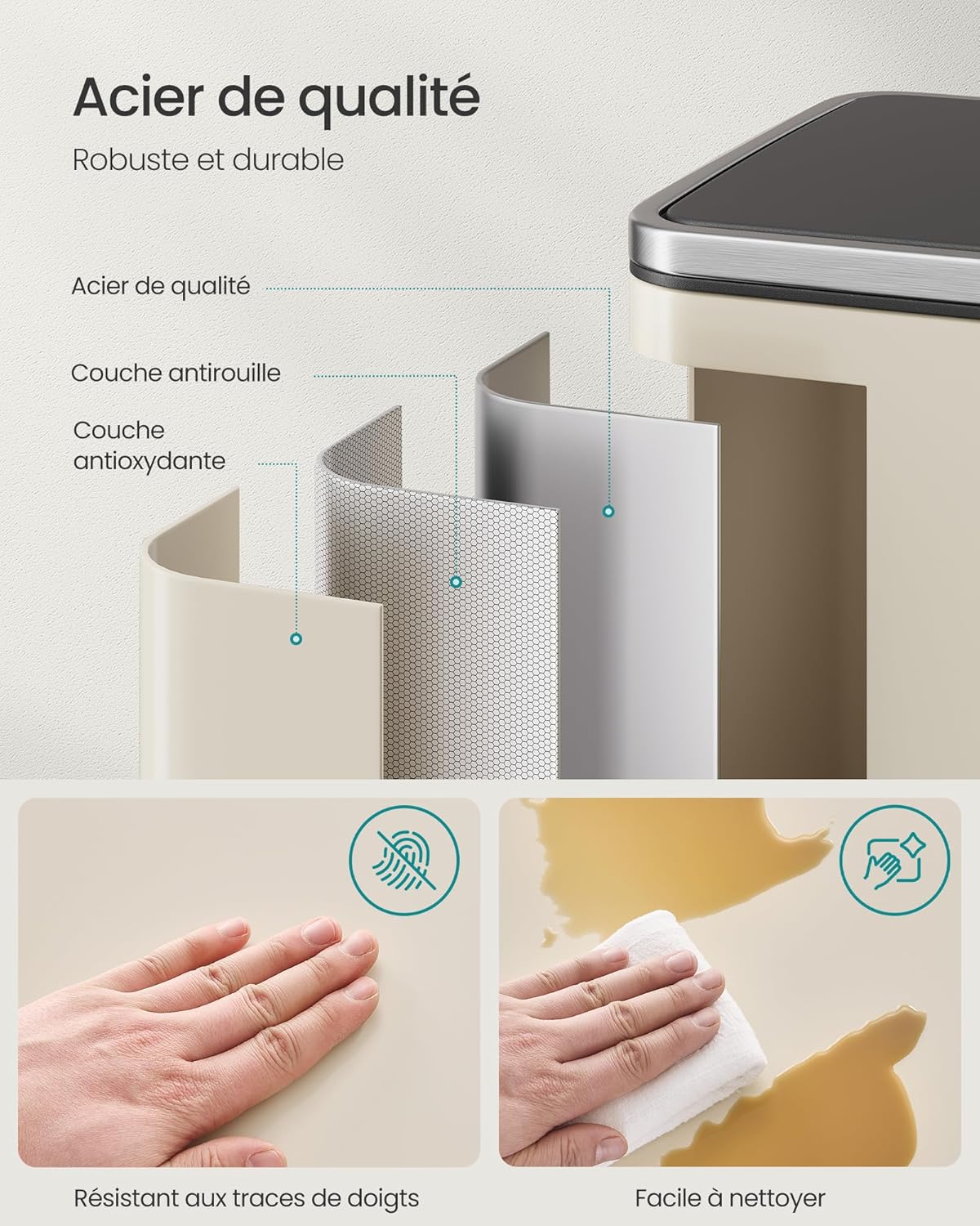 Detalle de SONGMICS LTB595A02 Poubelle de cuisine 50 L crème avec couvercle à fermeture douce et seau intérieur amovible