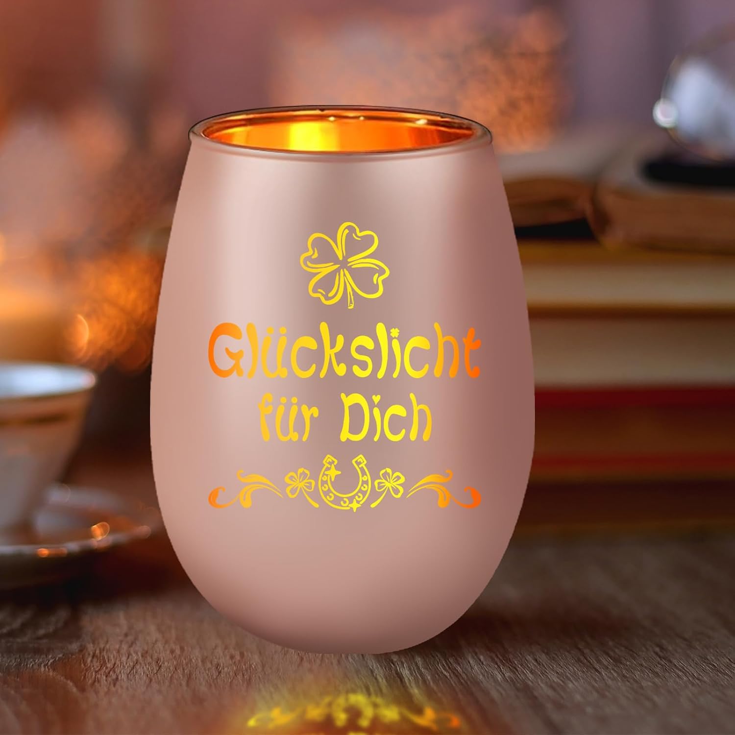 Detalle de HOWAB Rosa Windlicht Glas mit Gravur Glückslicht