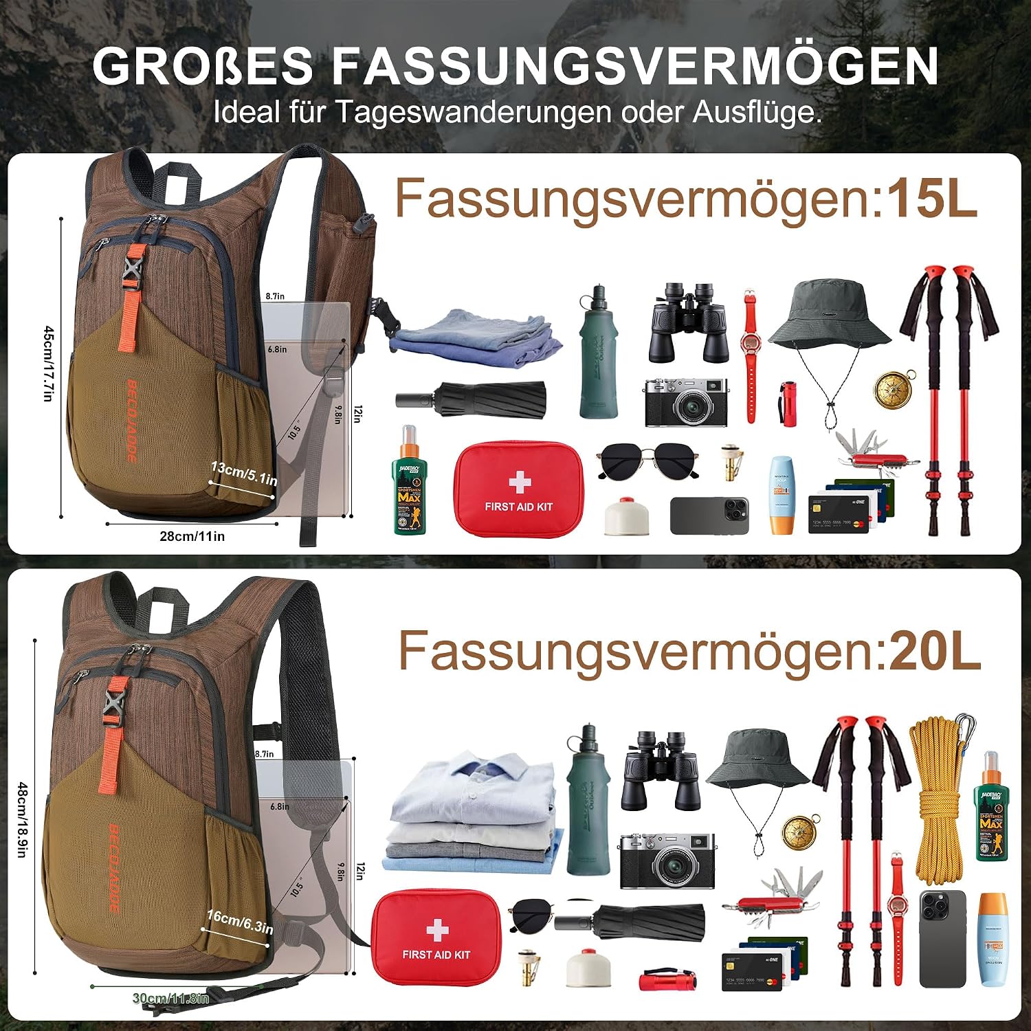 Detalle 2 de BECOJADDE 18L Hiking Backpack – Foldable lightweight mini rucksack in chocolate brown
