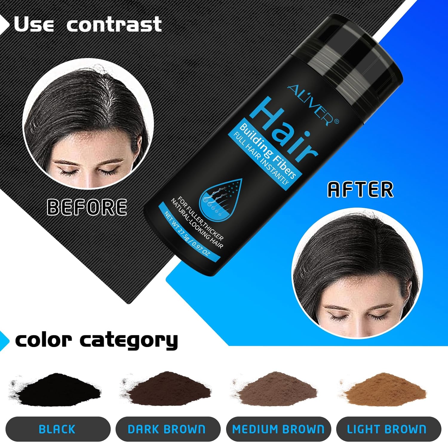 Thumbnail 3 de Aliver Hair Fibers for Thinning Hair (Black) — 27.5Gr, Undetectable Natural Formula