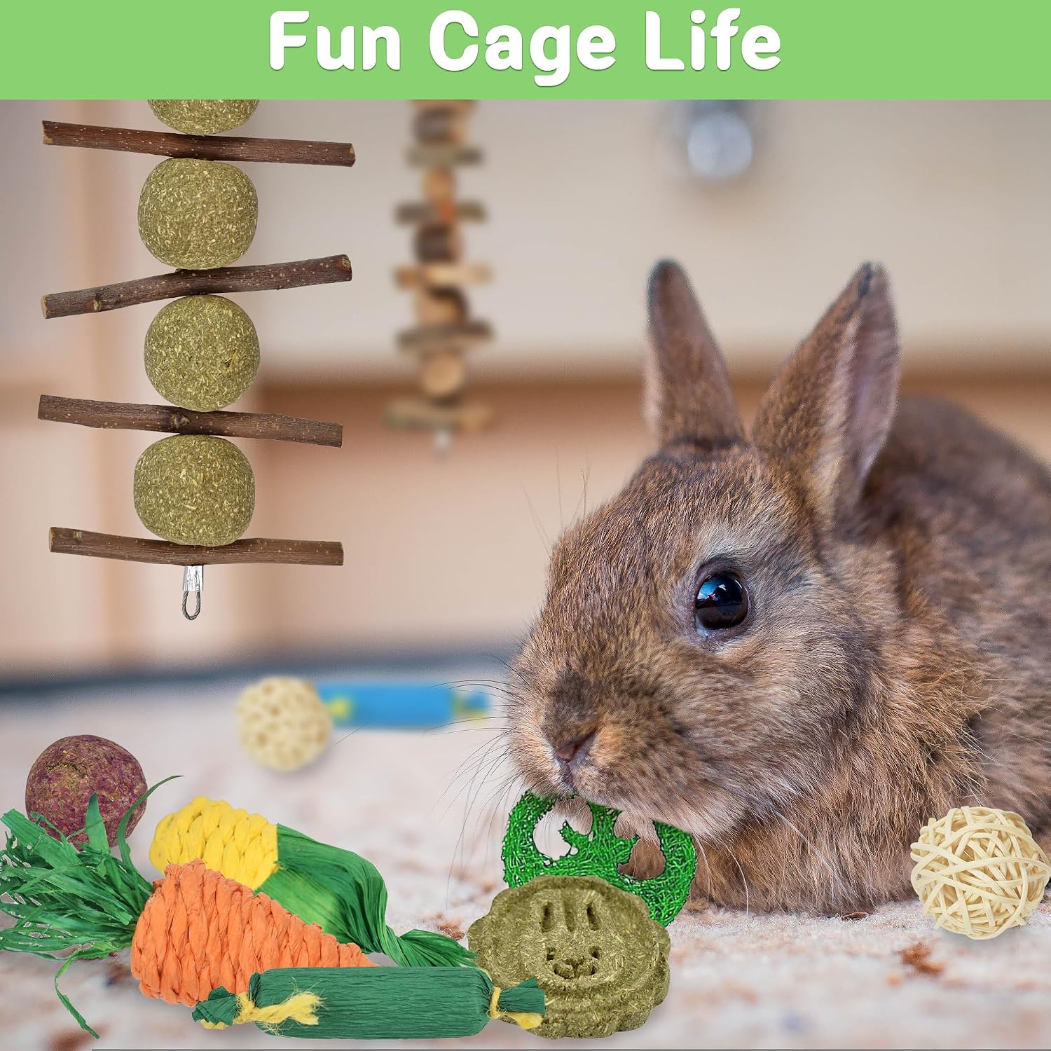 Detalle de Ousiya : Lot de 21 Jouets à mâcher naturels pour Lapin et Petits Animaux – Bâtonnets de Foin Timothy et Bois de Pommier