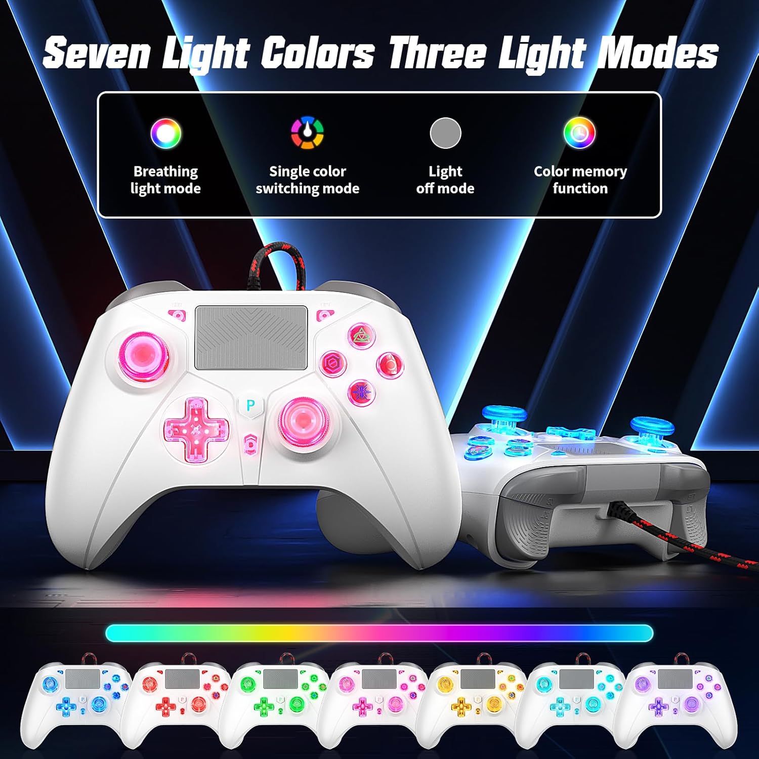 Detalle de Gamrombo RGB Wired Controller für PS5/PS4/PC – kabelgebundener Gamepad mit Makro, Turbo, Touchpad und LED-Beleuchtung