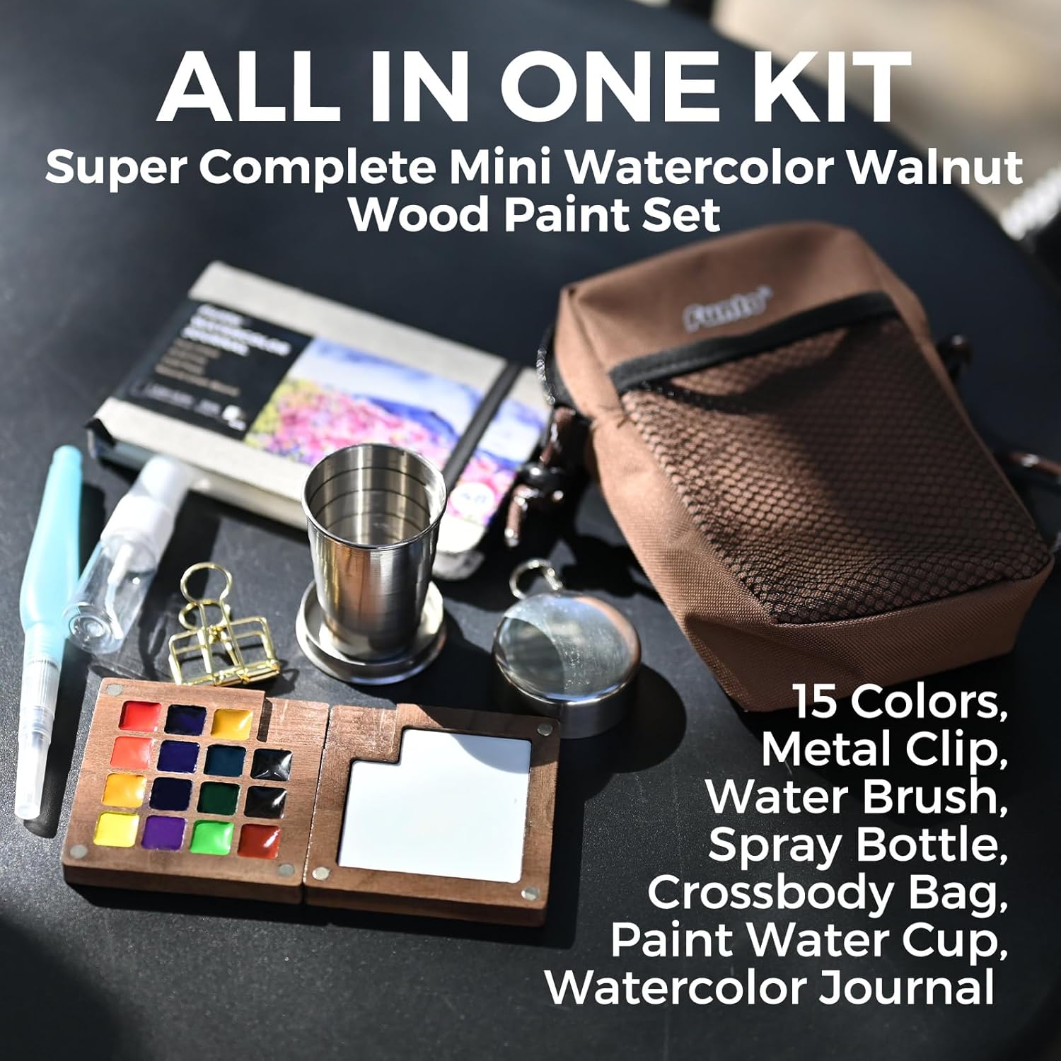 Thumbnail 1 de Funto Mini Watercolor Paint Set (15-Color) Walnut Wood Pocket Travel Kit with Crossbody Bag