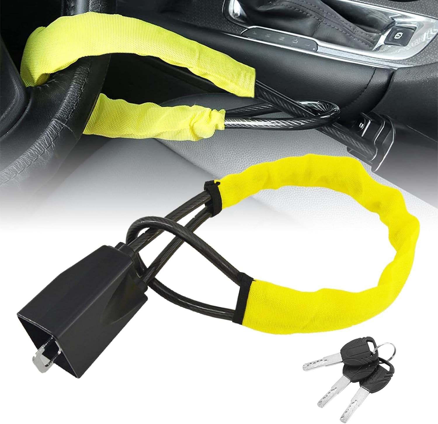 Detalle de Universal Car Steering Wheel Lock with High-Visibility Seat Belt Lock — 3 Keys, Upgraded Aluminium Head, 17" Cable, Yellow