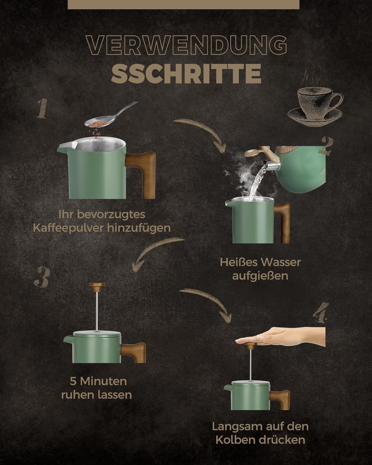 Thumbnail 6 de Poliviar French Press Kaffeebereiter Flatland (Grün) JX2020-FPN-DE – 1 Liter für bis zu 8 Tassen