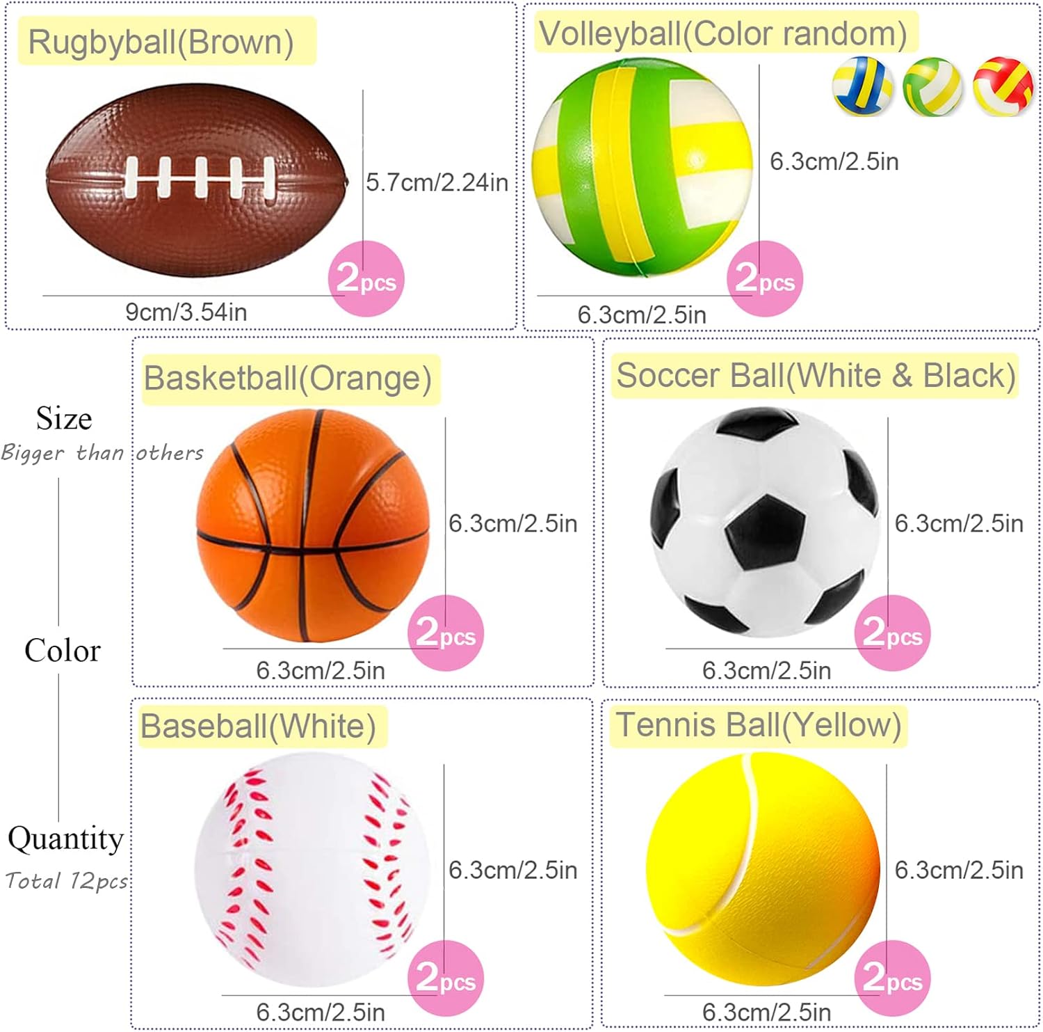 Detalle de POTWPOT Soft Balls for Kids (Mini, 6.3 cm) – 12 Pack of Assorted Foam Sports Balls