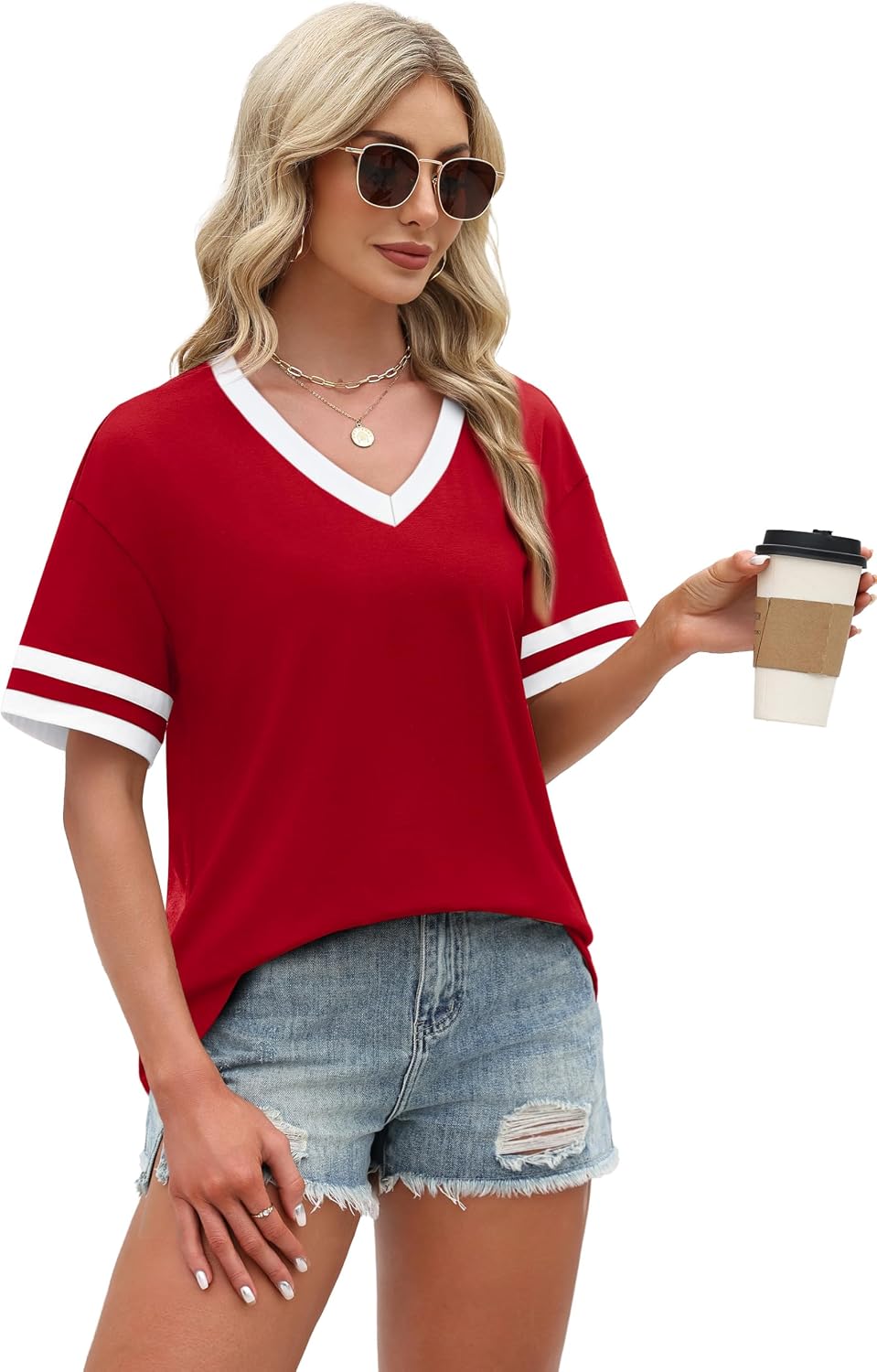 Detalle de WIHOLL Women’s Loose Fit V-Neck Color Block T-Shirts (Short Sleeve)