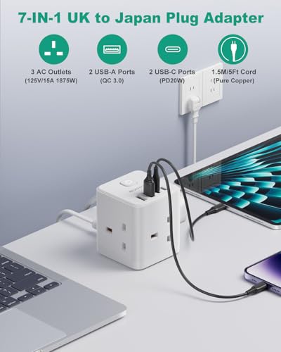 Thumbnail 1 de ROOTOMA Japan Travel Adapter 3 Way 4 Fast Charging USB (QC3.0/PD20W) – 7‑in‑1 UK to Japan