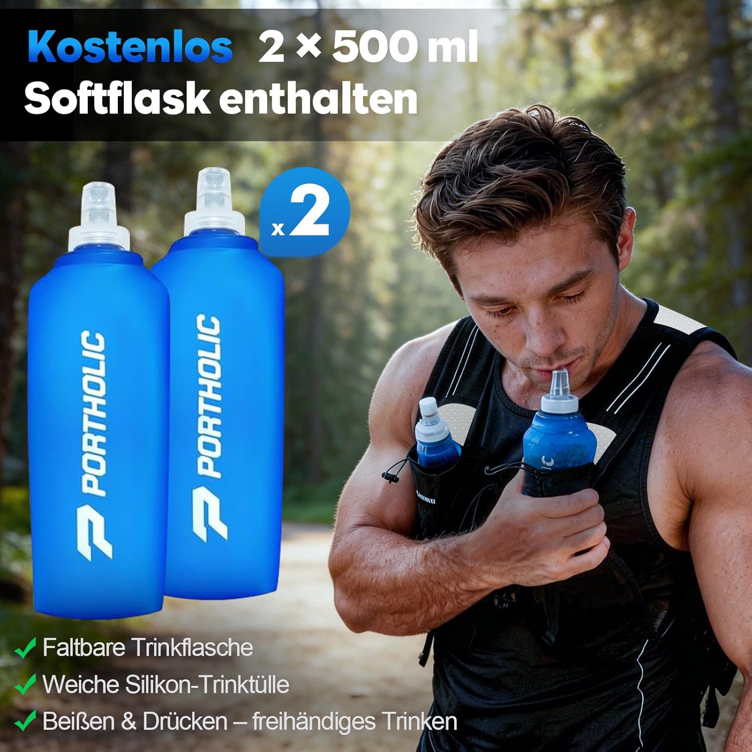 Thumbnail 6 de PORTHOLIC Laufweste Trinkweste mit 2×500 ml Softflaschen, LED & 360° Reflexstreifen