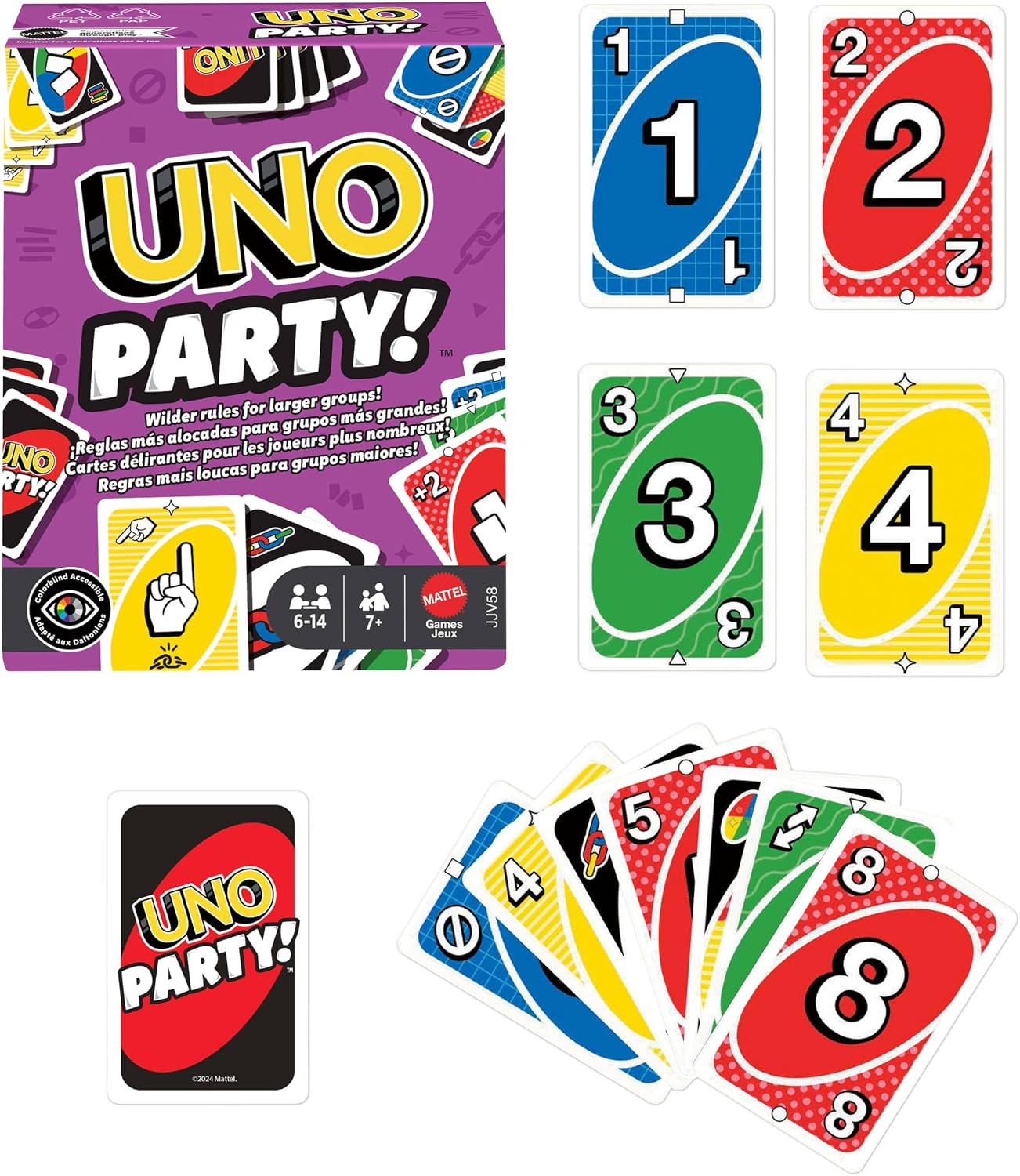 Detalle de Mattel UNO Party – Jeu de Cartes pour 6 à 14 joueurs, règles spéciales pour les grands groupes