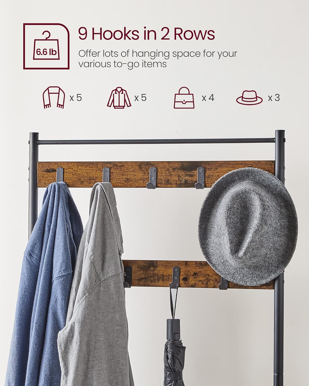 Detalle 1 de VASAGLE UHSR41BX Entryway Coat Rack with Shoe Bench, 9 Hooks